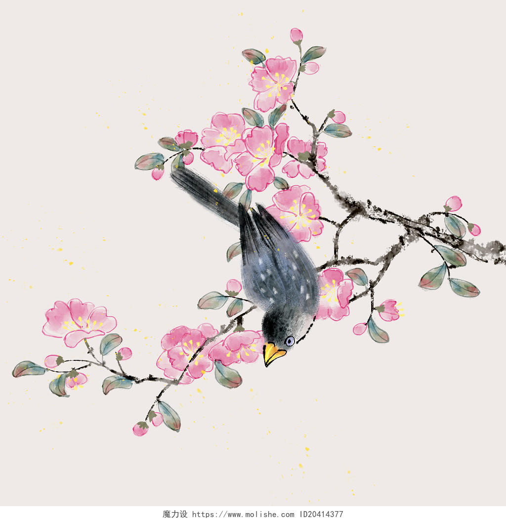 中国风手绘水墨花鸟桃花喜鹊 素材元素